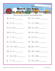 Adding Positive and Subtracting Integers | Integer Worksheets